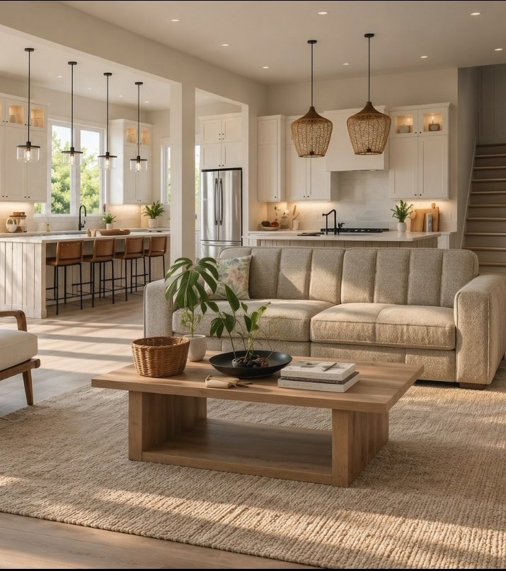 New look: the living room with a beige three seater sofa