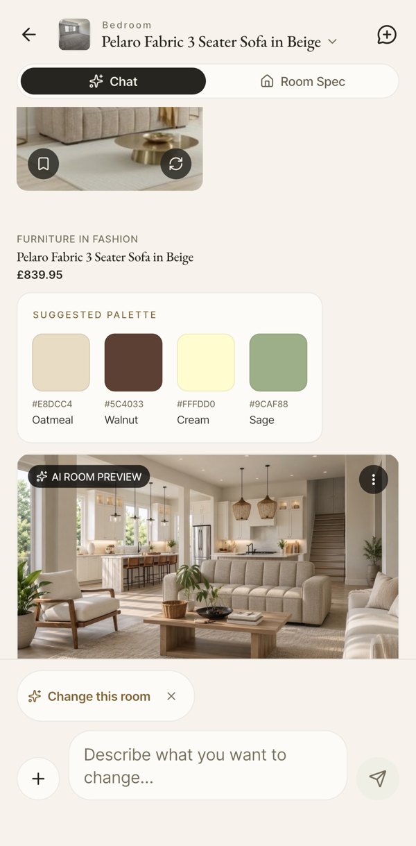 Change this room: the Pelaro Fabric 3 Seater Sofa in Beige, a suggested palette and an AI room preview with the new sofa in place